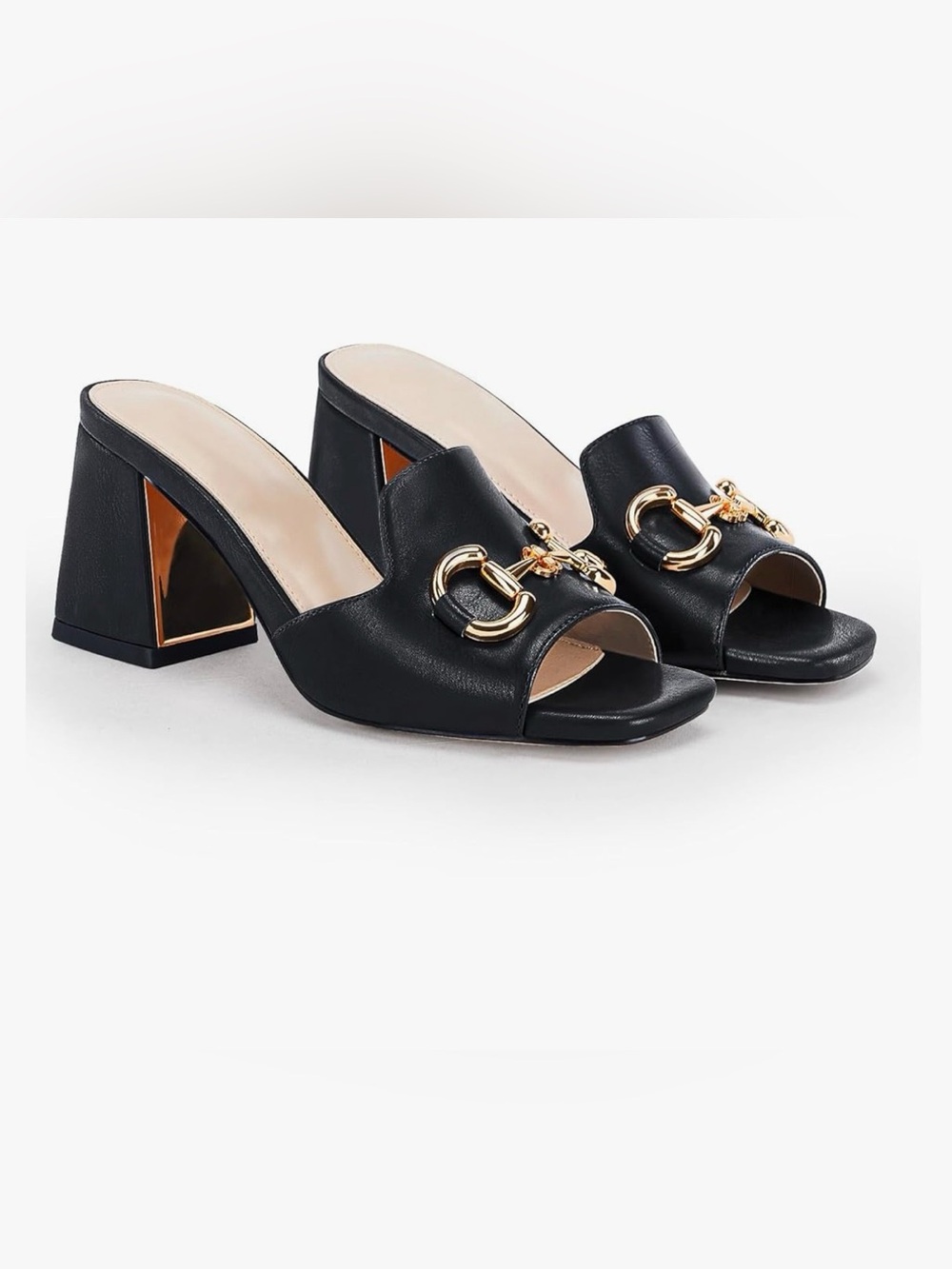 Black Leather Like Open-Toe Mule Heels with Horse bit Hardware